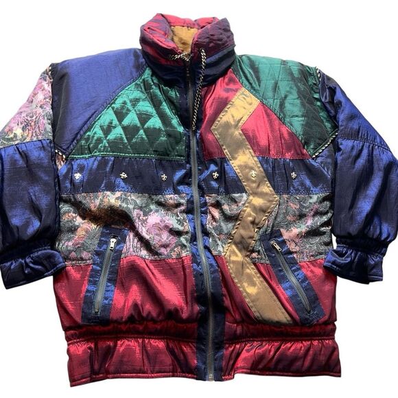 Vintage Jackets & Blazers - Vintage Otello Pelle Multicolor Quilted Jacket Medium Jewel Tones Ski Winter